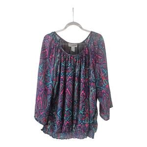 Cathy Daniels Womens 3X Blouse Smocked Waist Paisley Semi-Sheer Sequins